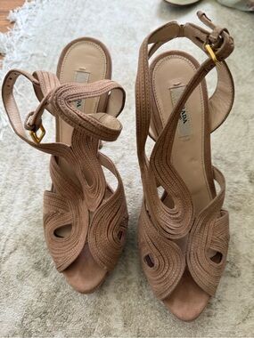 Prada Nude Blush Sculpted Suede Strappy Heels